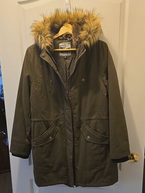 Hawke & Co Olive Green Faux-Fur Hooded Trench Coat